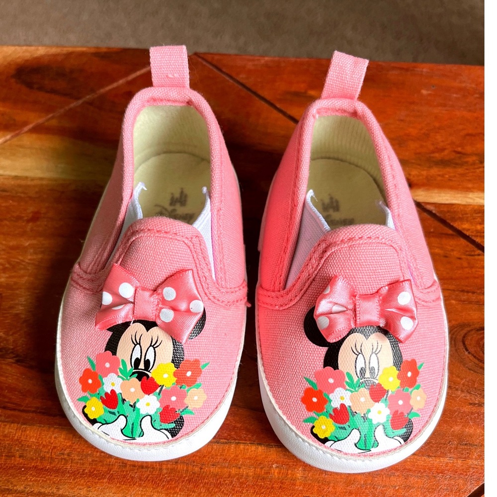 Disney Baby Minnie Mouse Pink Floral Bow Slip On Crib Shoes 9-12M